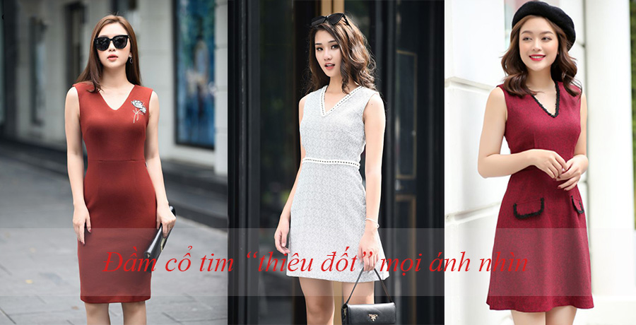 đầm cổ tim, đầm cổ chữ V, đầm liền cổ tim, đầm liền cổ chữ V, dam co tim, dam co chu V