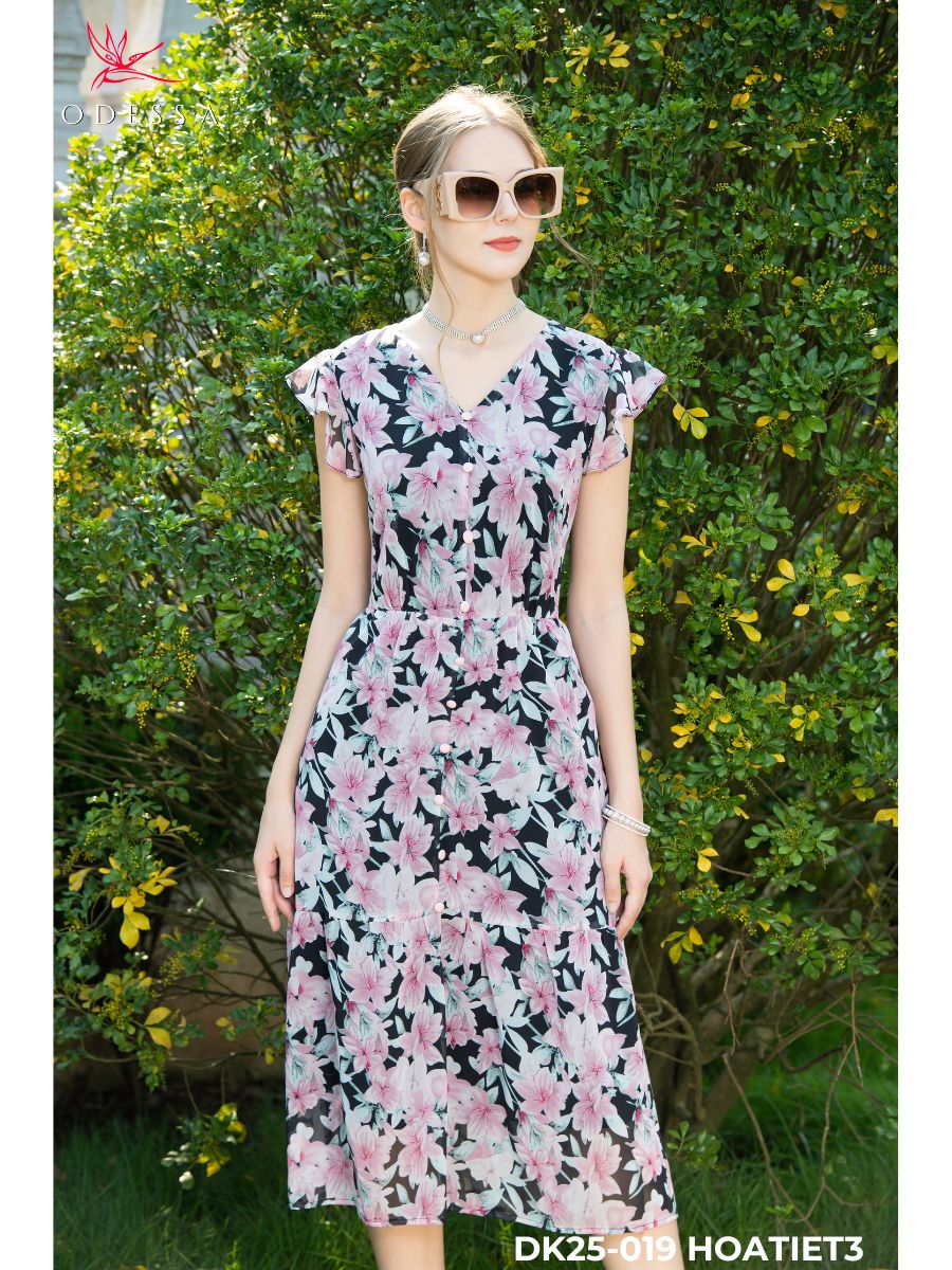 ĐẦM CỔ V PHỐI TAY CÁNH TIÊN DK25-019