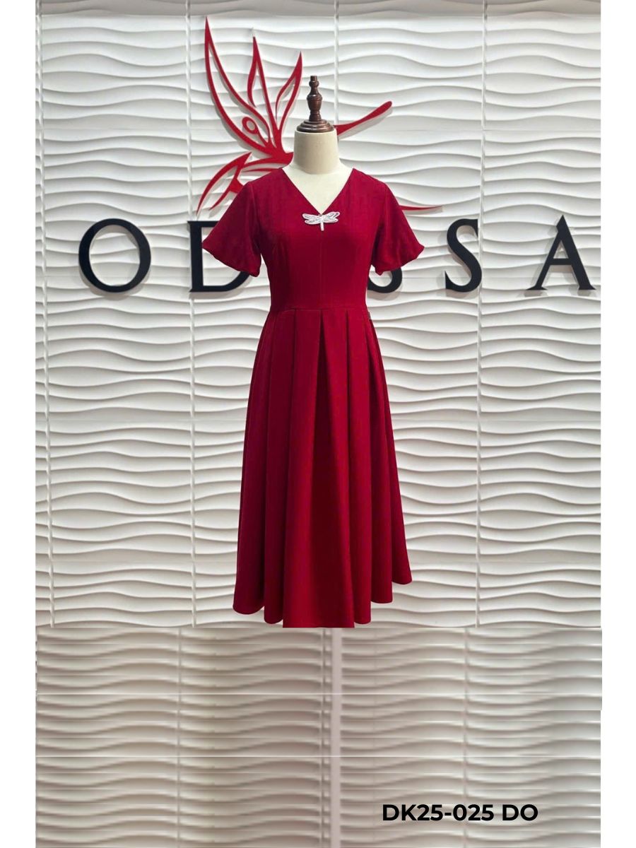 ĐẦM XÒE CỔ V ĐÍNH NƠ XẾP LY ĐẸP DK25-025