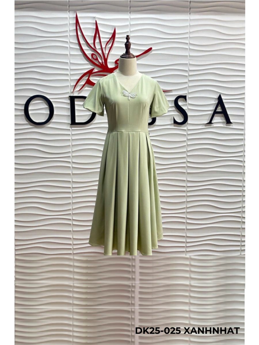 ĐẦM XÒE CỔ V ĐÍNH NƠ XẾP LY ĐẸP DK25-025