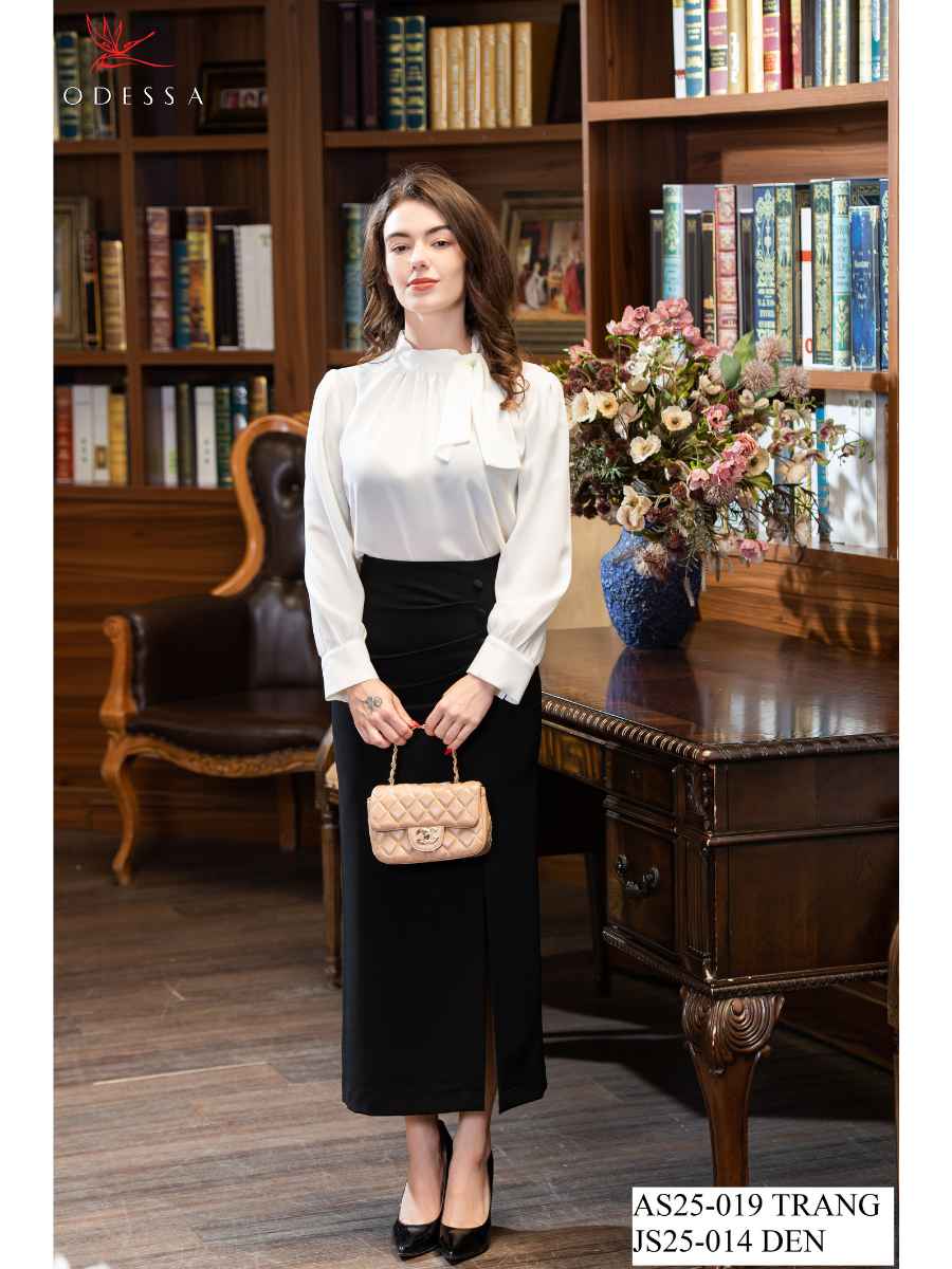 CHÂN VÁY BÚT CHÌ NHÚN EO ĐÍNH CÚC JS25-014