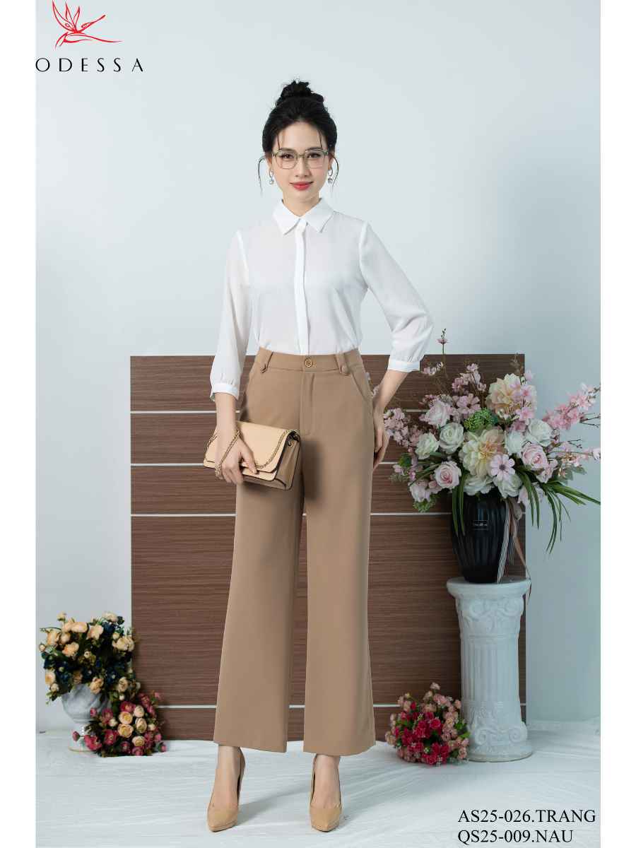 QUẦN ỐNG SUÔNG CẠP CAO PHỐI CÚC TRANG TRÍ QS25-009