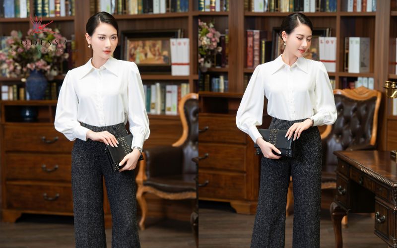 Áo sơ mi cổ đức tay bồng nhẹ