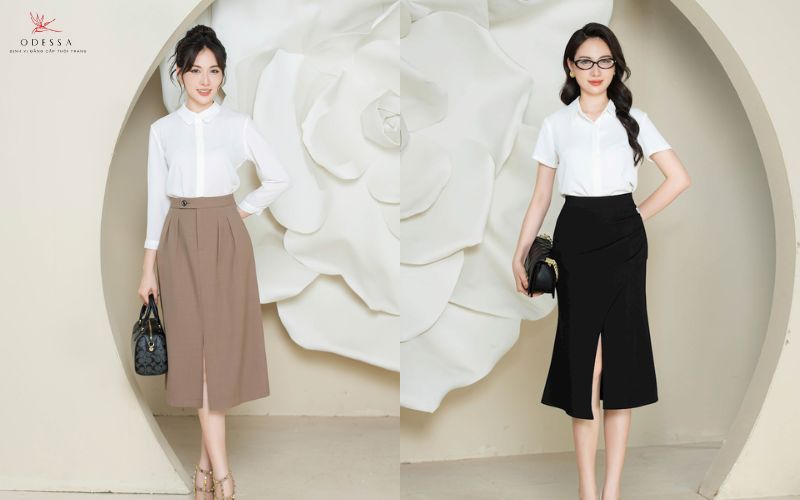 Chân váy dài qua gối mix cùng áo sơ mi Chân váy dài qua gối mix cùng áo sơ mi