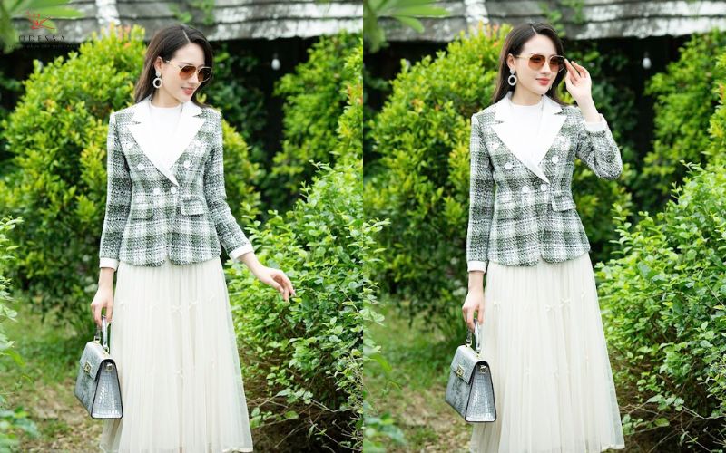 Chân váy dài qua gối phối với áo vest công sở Chân váy dài qua gối phối với áo vest công sở