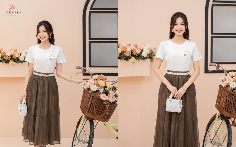 Phối chân váy dài qua gối với áo thun Phối chân váy dài qua gối với áo thun