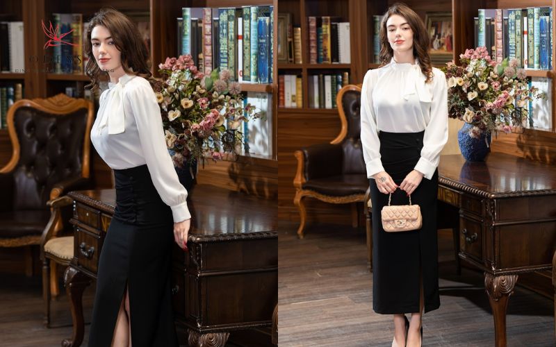Chân váy chữ A xẻ tà trước + Áo công sở