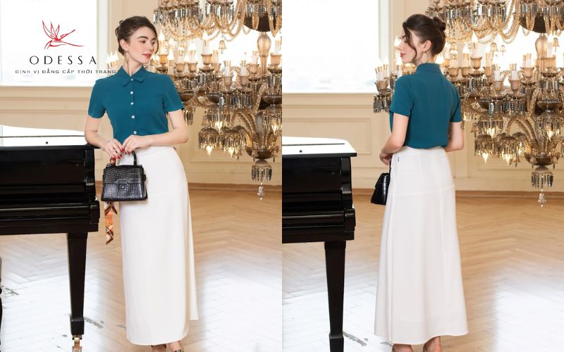 Chân váy chữ A dáng dài + Áo sơ mi