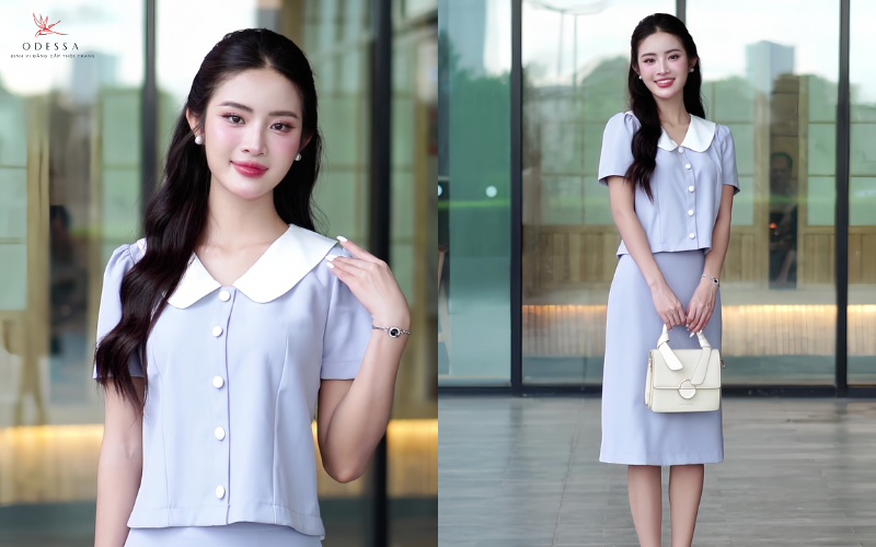 Set váy công sở xanh dương ngắn tay Set váy công sở xanh dương ngắn tay