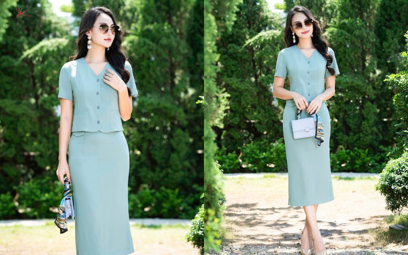 Set áo cổ V cùng chân váy dài Set áo cổ V cùng chân váy dài