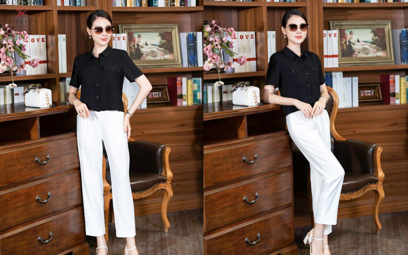 Áo sơ mi ngắn tay cổ tàu cùng quần dài Áo sơ mi ngắn tay cổ tàu cùng quần dài