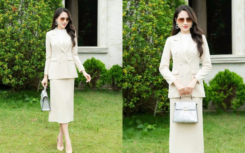 Bộ vest nữ và chân váy juyp màu be Bộ vest nữ và chân váy juyp màu be