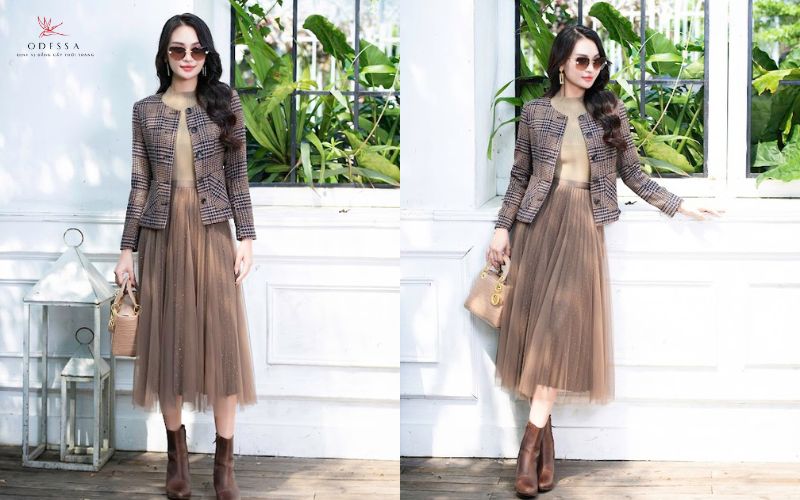 Vest nữ cổ tròn kẻ sọc cùng chân váy xòe Vest nữ cổ tròn kẻ sọc cùng chân váy xòe