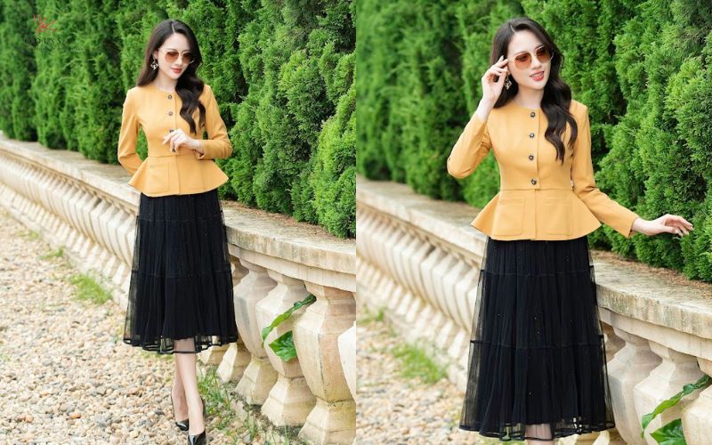 Áo vest peplum cùng chân váy midi