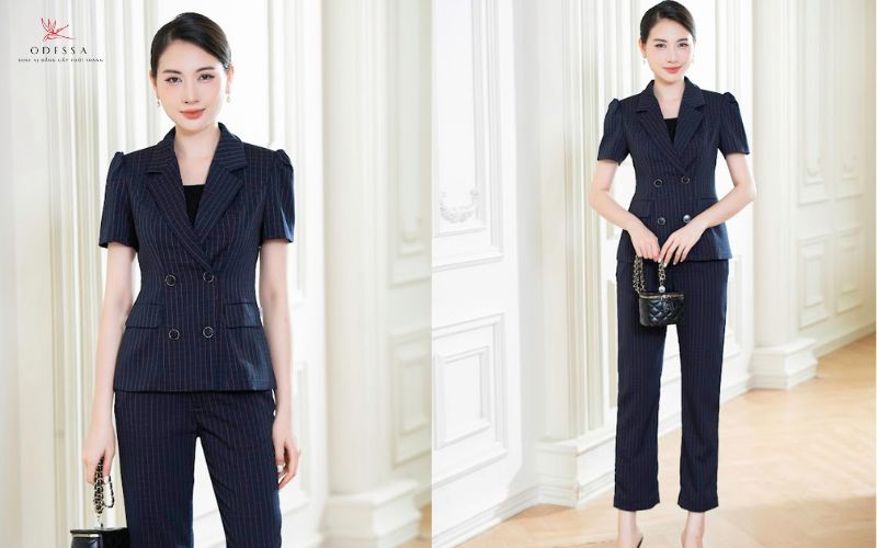 Set vest công sở tay ngắn kẻ sọc