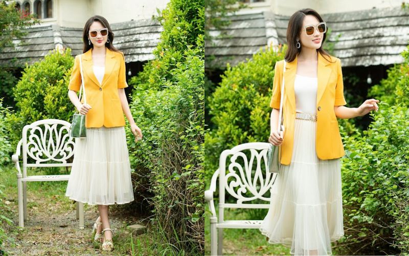 Áo vest ngắn tay màu vàng nổi bật