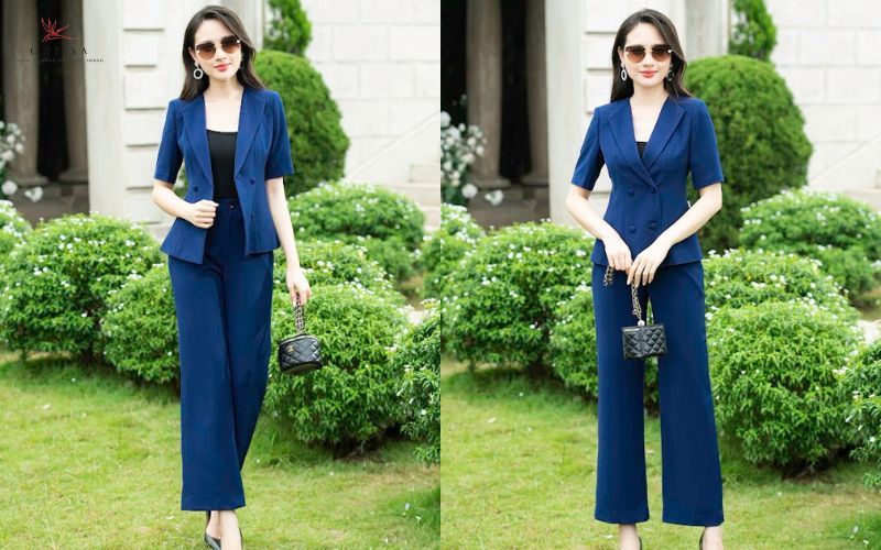 Set áo vest ngắn tay quần culottes xanh navy