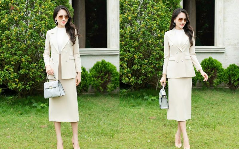 Áo Comple nữ dáng dài cùng chân váy midi