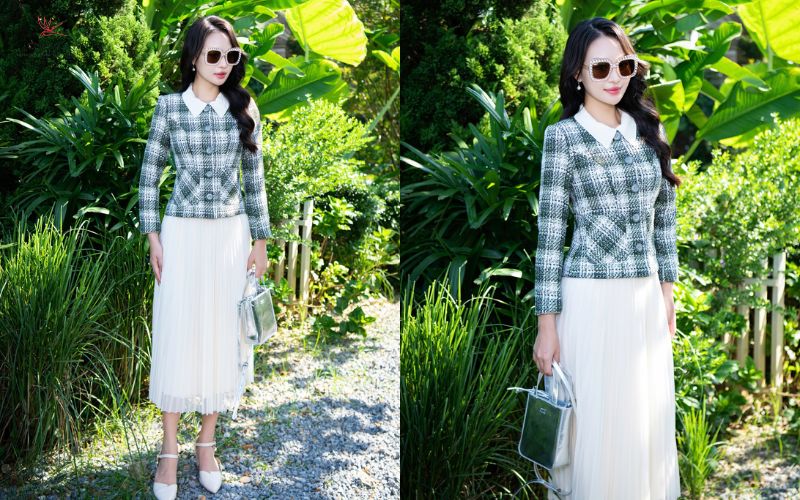 Áo dạ tweed kẻ phối cùng váy trắng