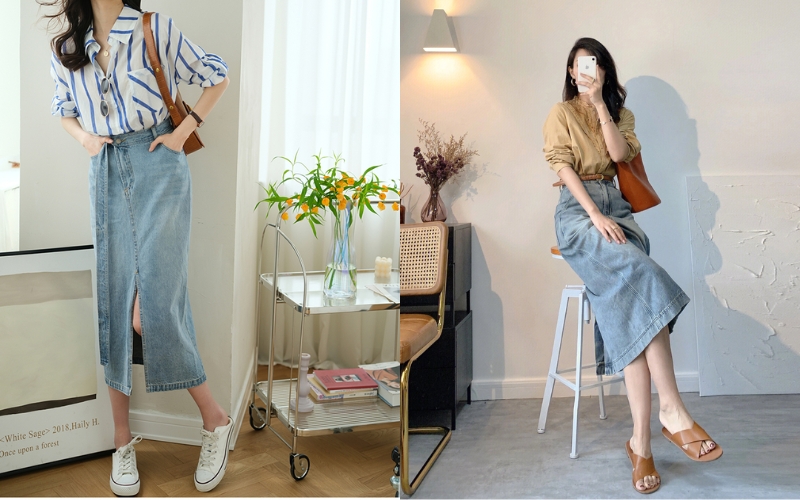 Mix đồ với chân váy Juyp Jean - Chân váy Juyp Jean mix áo sơ mi