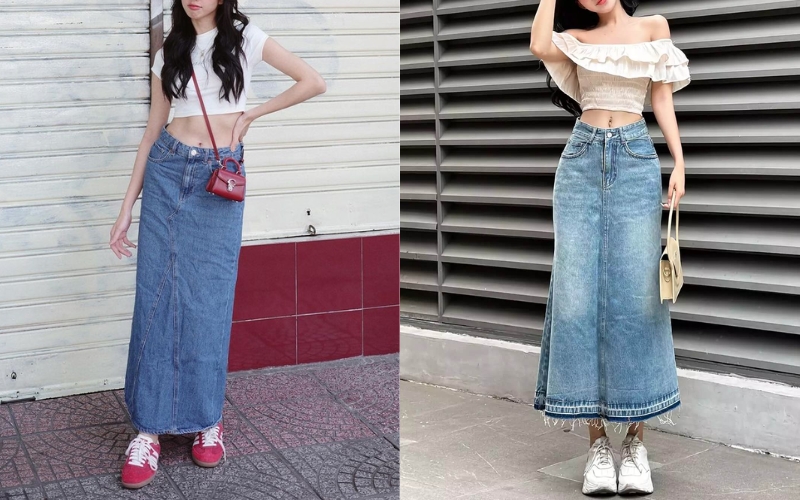 Mix đồ với chân váy Juyp Jean - Chân váy Juyp Jean phối áo Croptop