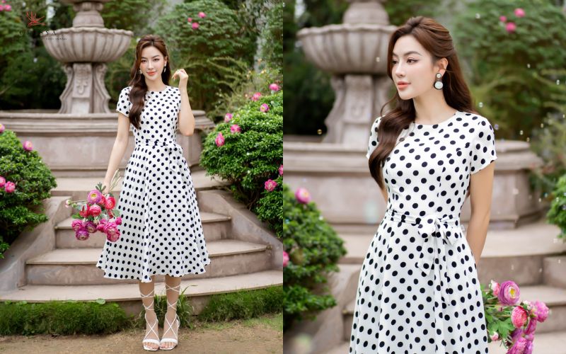  Chân váy liền áo phối nơ duyên dáng