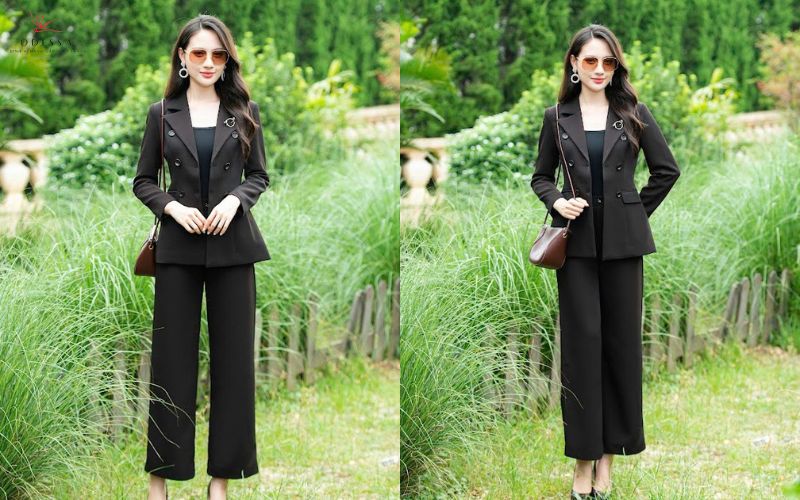 Phối áo blazer với quần ống rộng Phối áo blazer với quần ống rộng