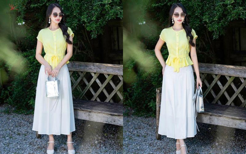 Áo peplum phối cùng chân váy xếp ly Áo peplum phối cùng chân váy xếp ly
