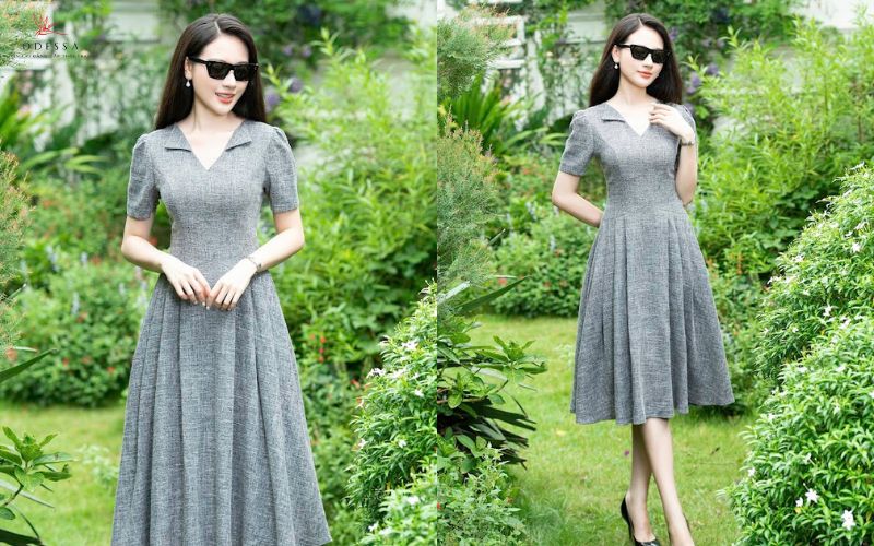 Đầm liền công sở dáng chữ A phối cùng giày cao gót