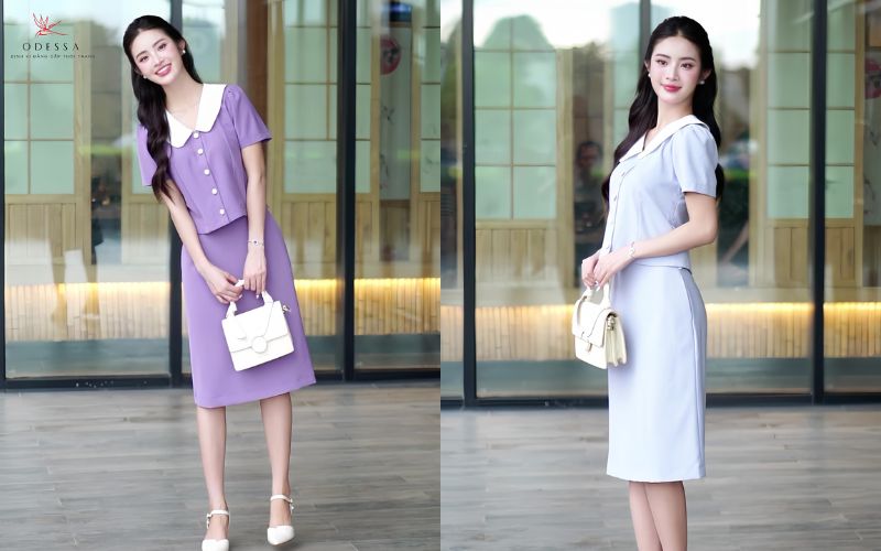 Chân váy zuýp phối cùng áo cổ sen