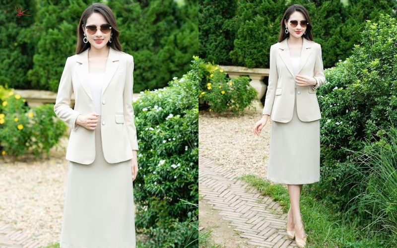 Áo vest công sở cùng chân váy dài cùng tone