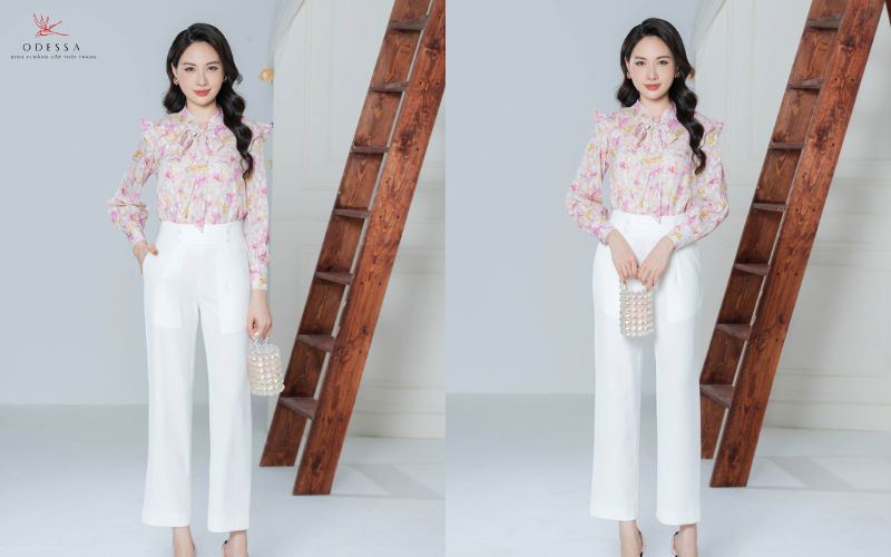 Quần âu phối cùng áo cổ nơ sáng màu