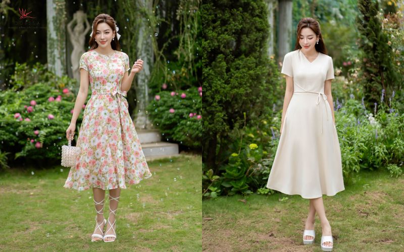 Đầm xoè eo thắt nơ