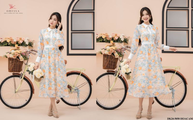 Đầm hoa dáng dài cổ điển