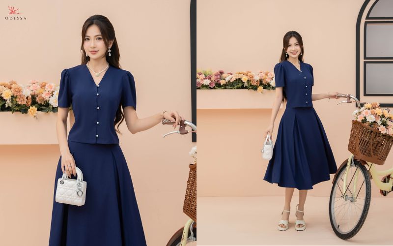 Set váy đầm xòe cổ V tím than