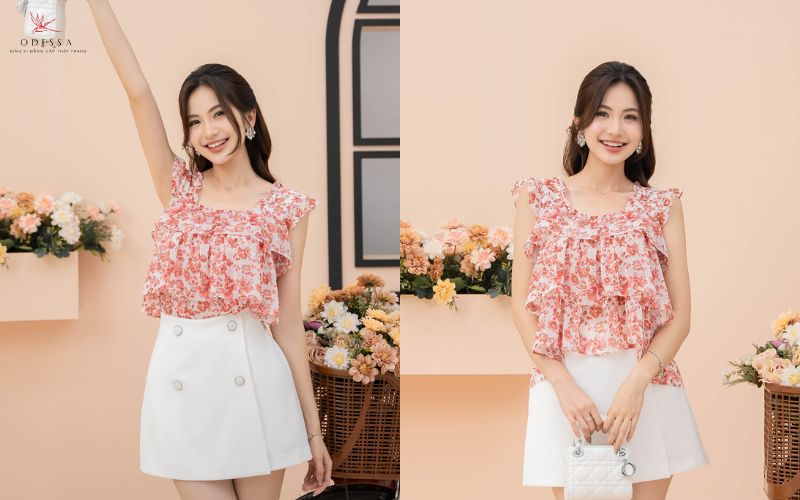 Áo voan tơ bèo nhún cùng chân váy chữ A