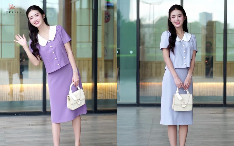 Set váy có cổ màu pastel tiểu thư 