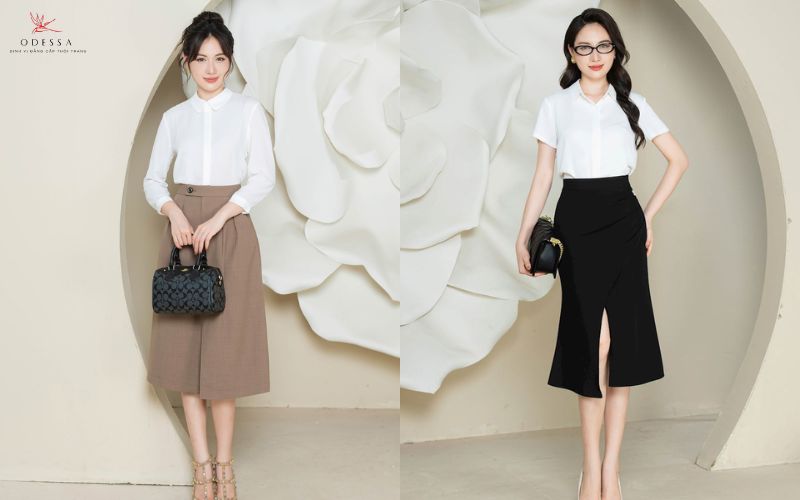 Chân váy dài phối cùng áo sơ mi