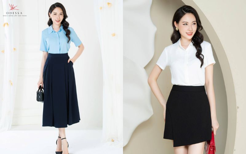 Áo mỏng sáng màu phối cùng chân váy chữ A