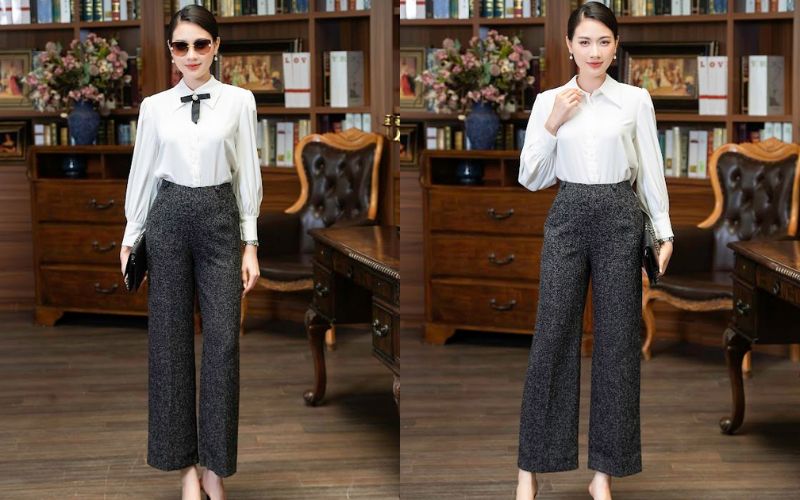 Quần ống rộng cùng áo có cổ