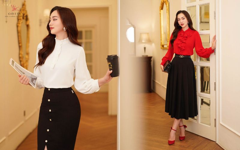 Chân váy cạp cao mix cùng áo kiểu