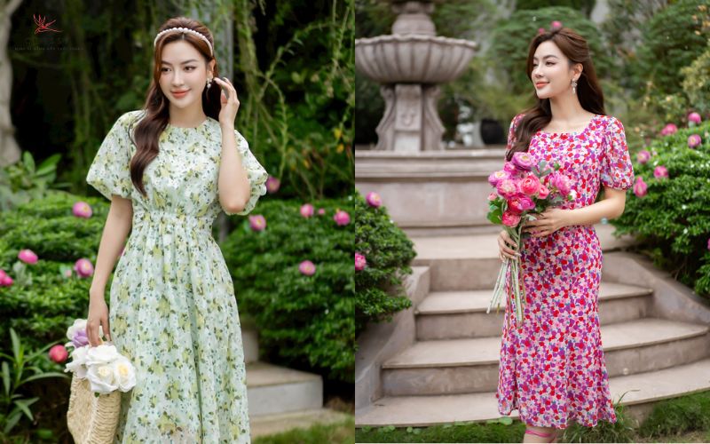 Đầm liền hoa nhí có thắt eo