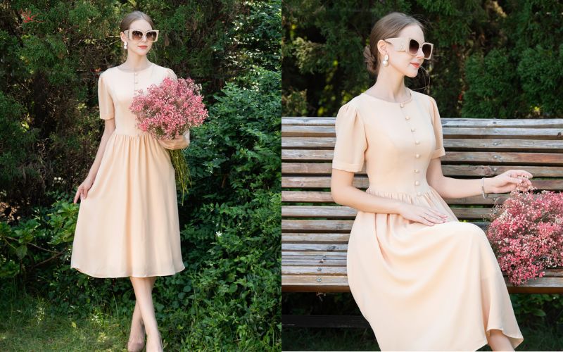Đầm be dáng xòe chiết eo nữ tính