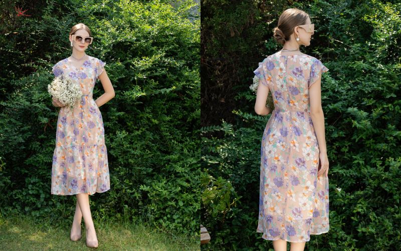 Váy liền hoa vải voan bay bổng nhẹ nhàng