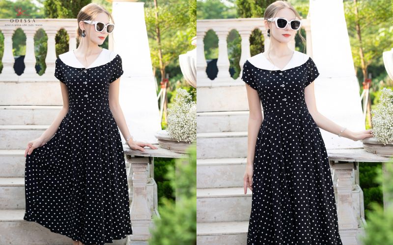 Đầm cổ sen chấm bi đen trắng tiểu thư