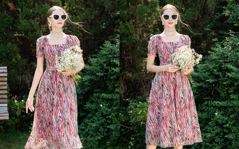 Váy cổ vuông hoạ tiết khoe xương quai xanh