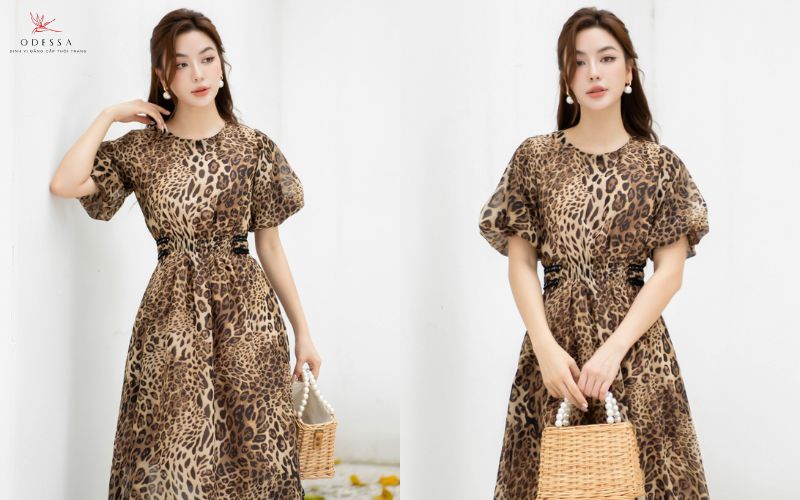 Váy tay bồng hoạ tiết da beo cá tính