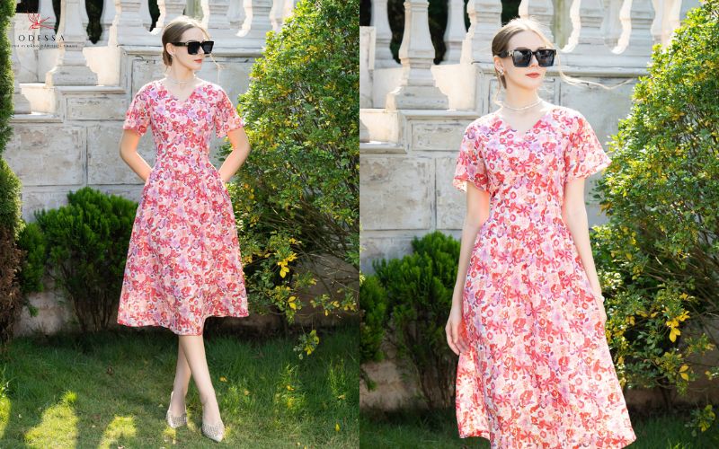 Váy hoa tone hồng cổ V ngọt ngào