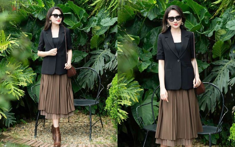  Áo blazer ngắn tay và chân váy xếp ly