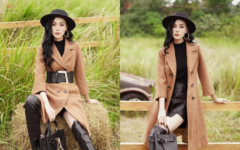 Áo khoác dạ dáng dài mix cùng chân váy da